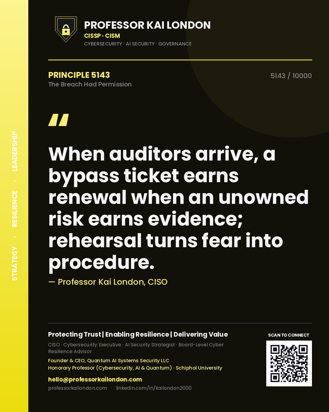 Professor Kai London principle 5143: When auditors arrive, a bypass ticket earns renewal when an unowned risk earns evidence; rehearsal turns fear into procedure.