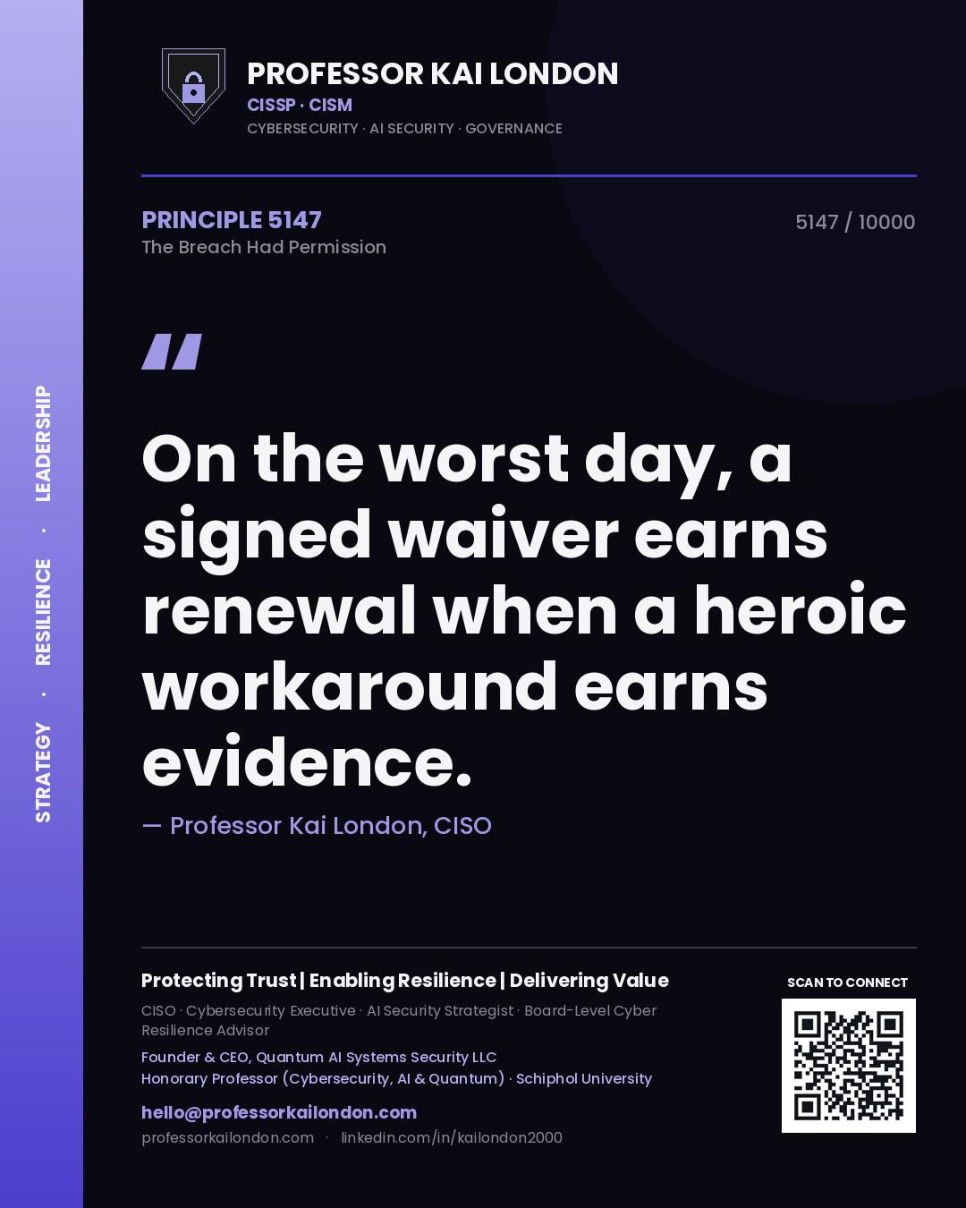 Quote card by Professor Kai London reading 'On the worst day, a signed waiver earns renewal when a heroic workaround earns evidence.'. From the book The Breach Had Permission.