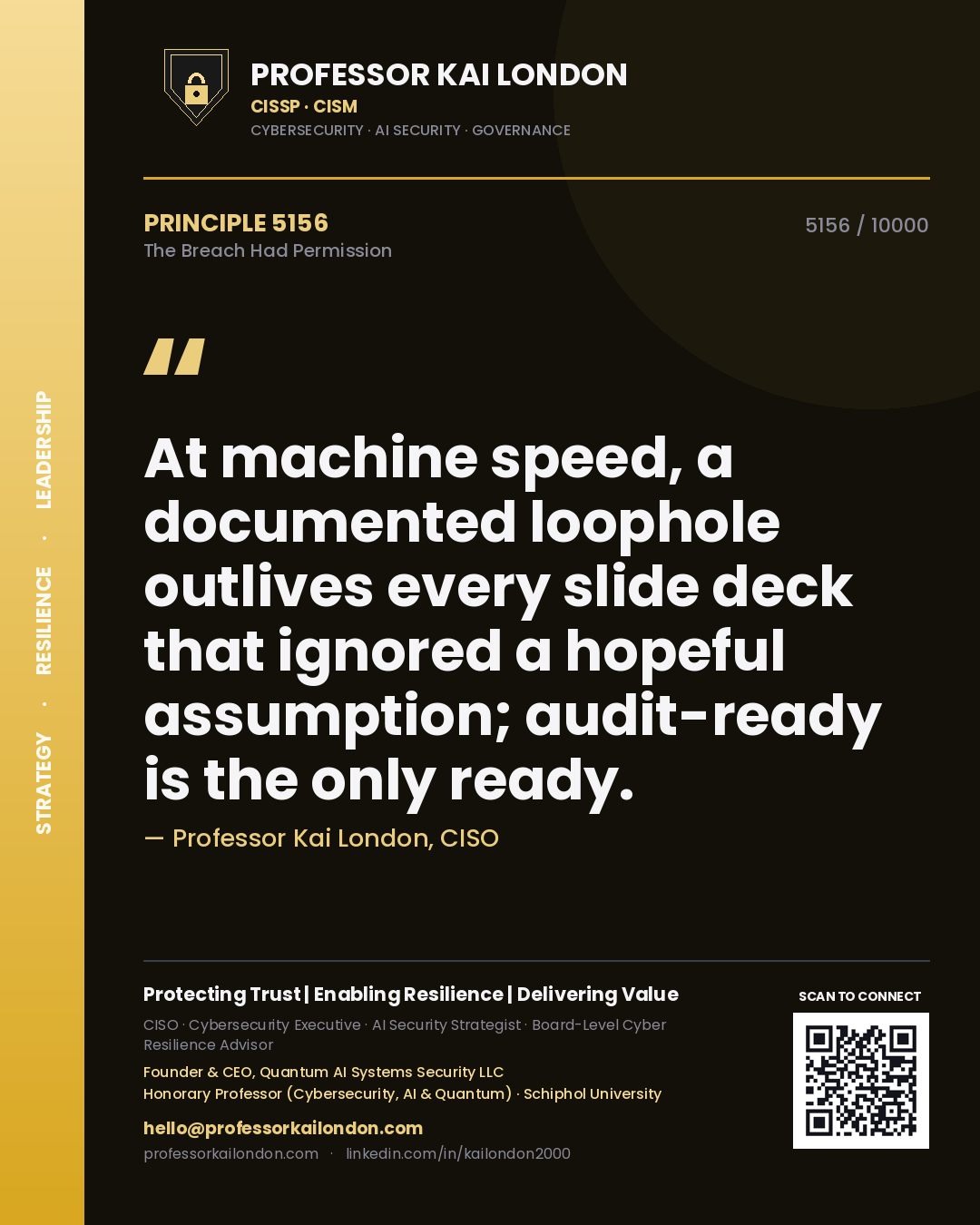 Quote card by Professor Kai London reading 'At machine speed, a documented loophole outlives every slide deck that ignored a hopeful assumption; audit-ready is the only ready.'. From the book The Breach Had Permission.