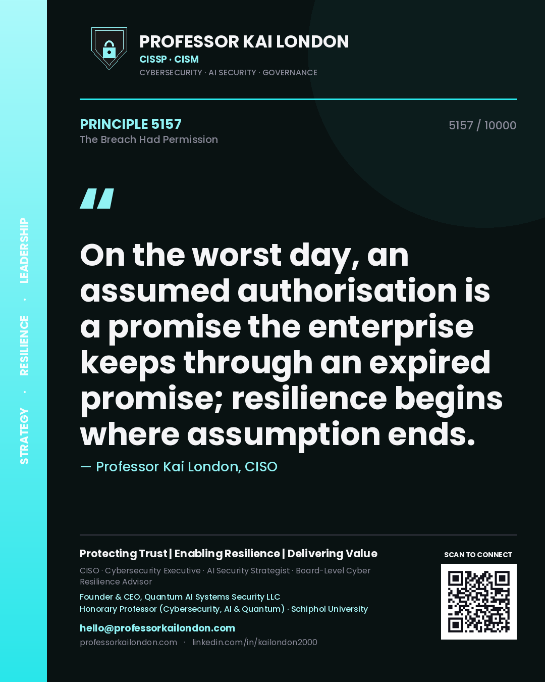 Quote card by Professor Kai London reading 'On the worst day, an assumed authorisation is a promise the enterprise keeps through an expired promise; resilience begins where assumption ends.'. From the book The Breach Had Permission.