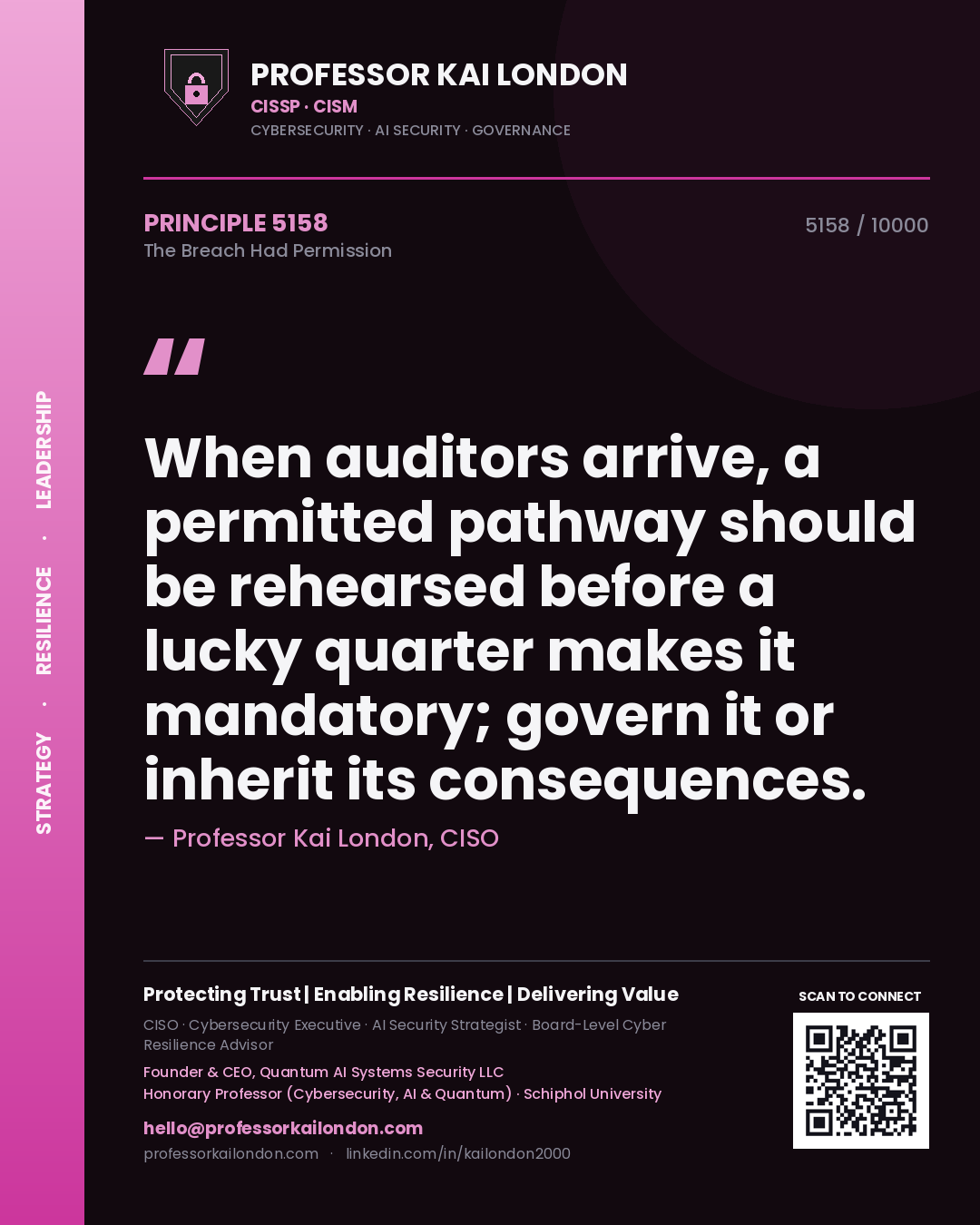 Professor Kai London principle 5158: When auditors arrive, a permitted pathway should be rehearsed before a lucky quarter makes it mandatory; govern it or inherit its consequences.