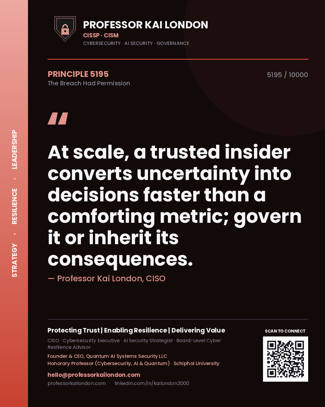 Quote card by Professor Kai London reading 'At scale, a trusted insider converts uncertainty into decisions faster than a comforting metric; govern it or inherit its consequences.'. From the book The Breach Had Permission.