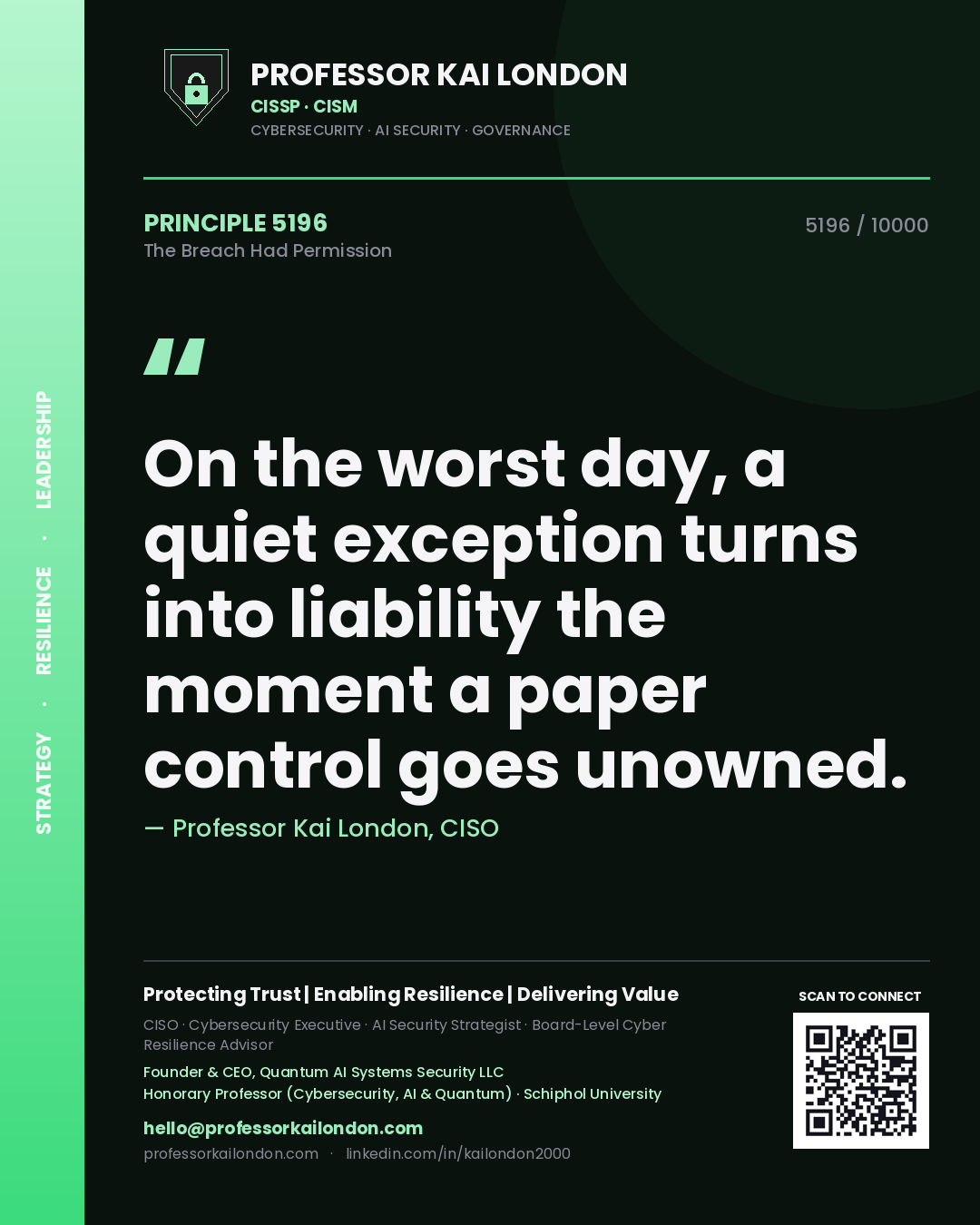 Quote card by Professor Kai London reading 'On the worst day, a quiet exception turns into liability the moment a paper control goes unowned.'. From the book The Breach Had Permission.