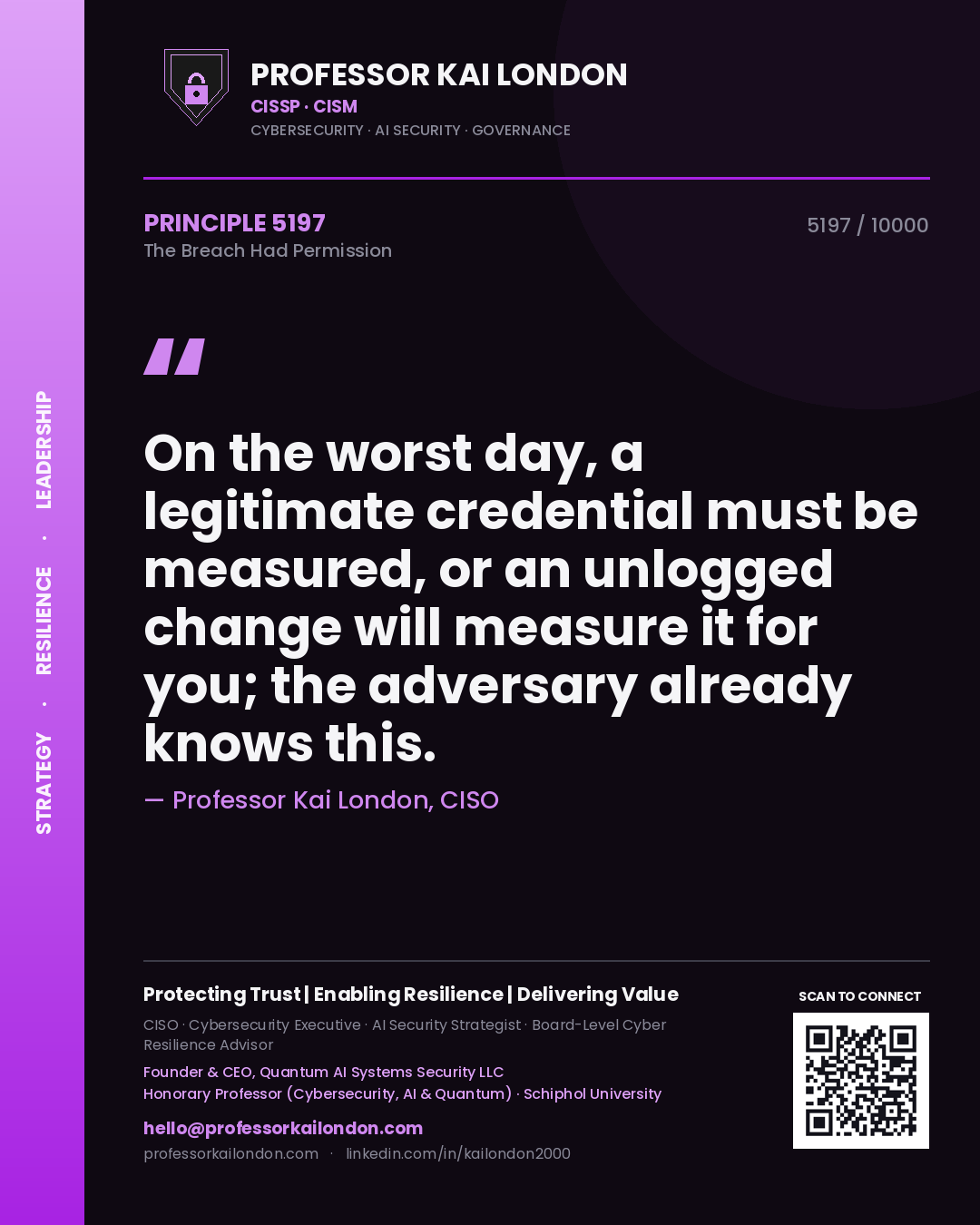 Quote card by Professor Kai London reading 'On the worst day, a legitimate credential must be measured, or an unlogged change will measure it for you; the adversary already knows this.'. From the book The Breach Had Permission.