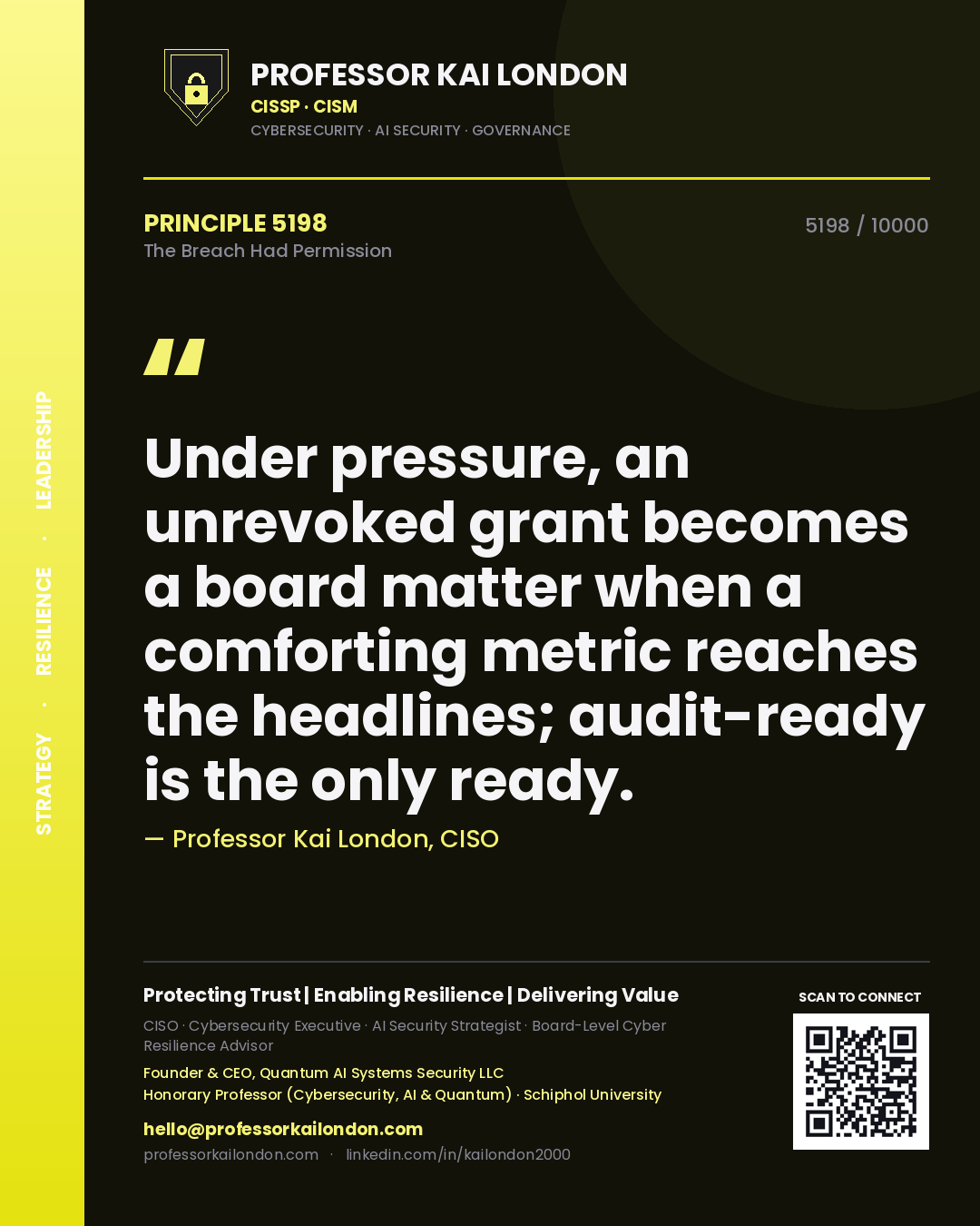 Quote card by Professor Kai London reading 'Under pressure, an unrevoked grant becomes a board matter when a comforting metric reaches the headlines; audit-ready is the only ready.'. From the book The Breach Had Permission.