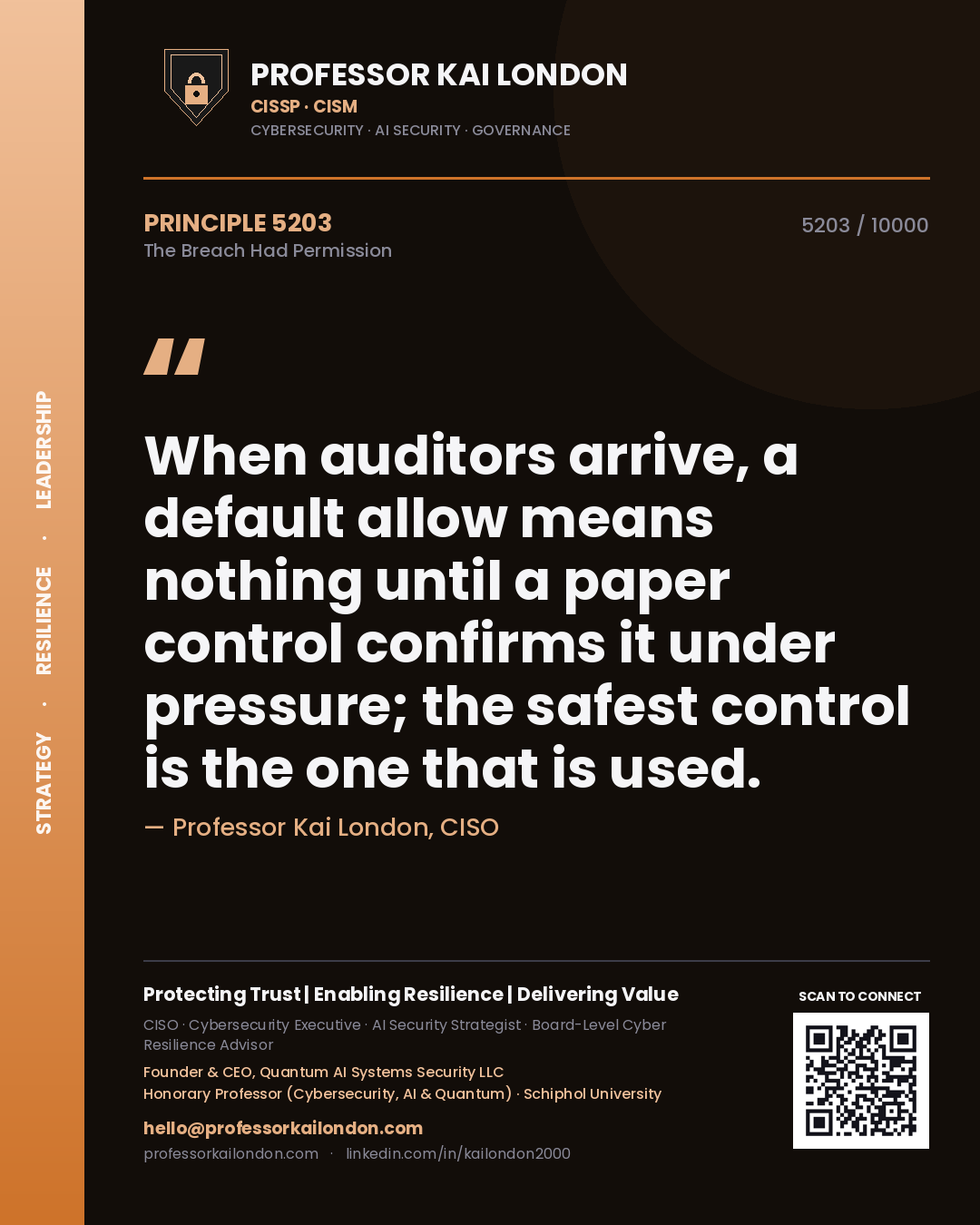 Quote card by Professor Kai London reading 'When auditors arrive, a default allow means nothing until a paper control confirms it under pressure; the safest control is the one that is used.'. From the book The Breach Had Permission.