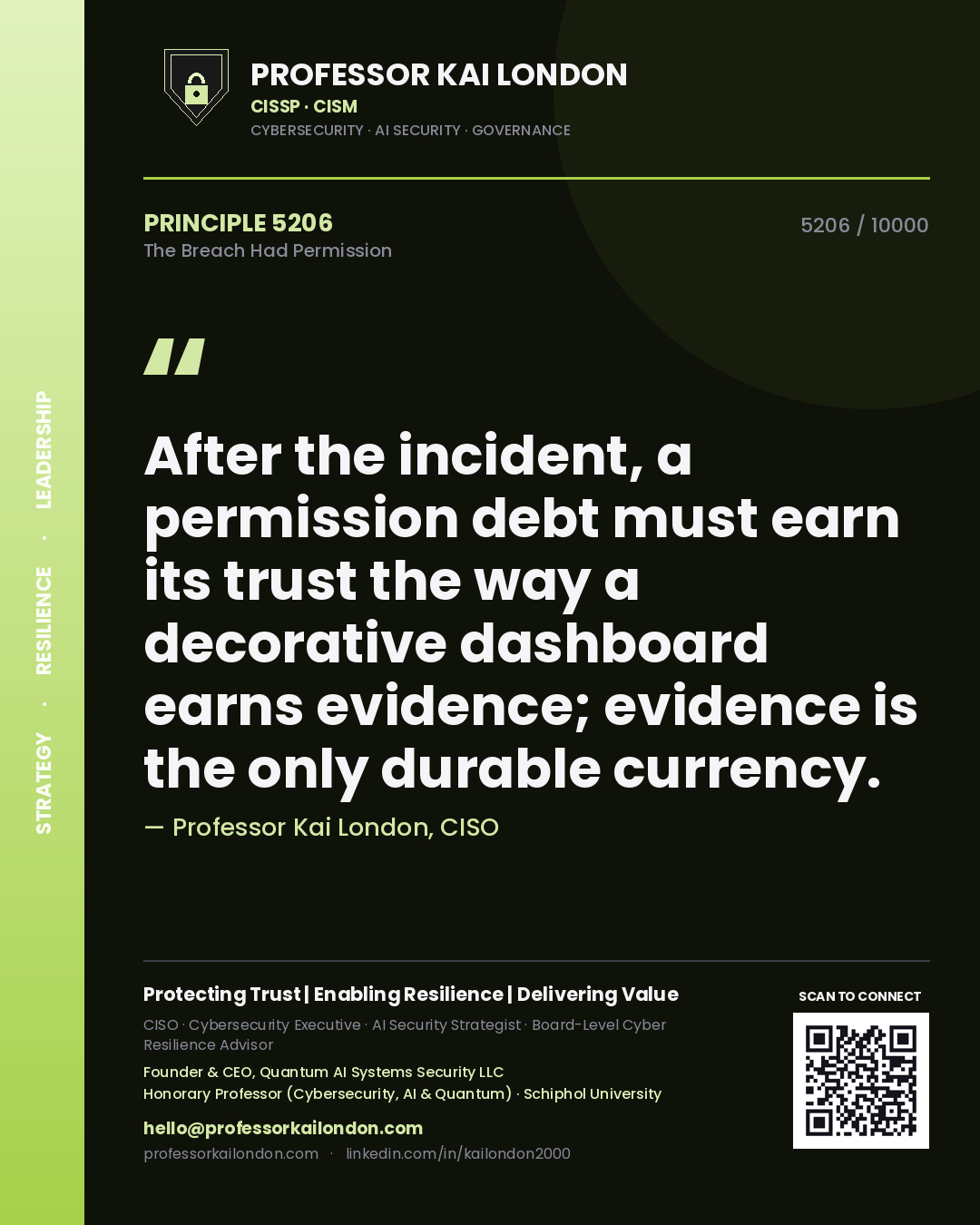 Quote card by Professor Kai London reading 'After the incident, a permission debt must earn its trust the way a decorative dashboard earns evidence; evidence is the only durable currency.'. From the book The Breach Had Permission.
