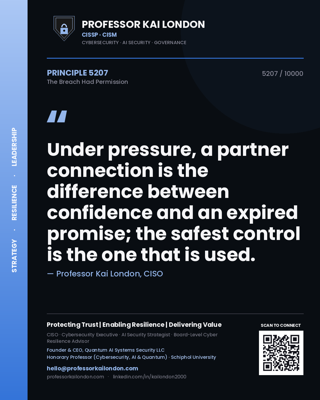 Quote card by Professor Kai London reading 'Under pressure, a partner connection is the difference between confidence and an expired promise; the safest control is the one that is used.'. From the book The Breach Had Permission.