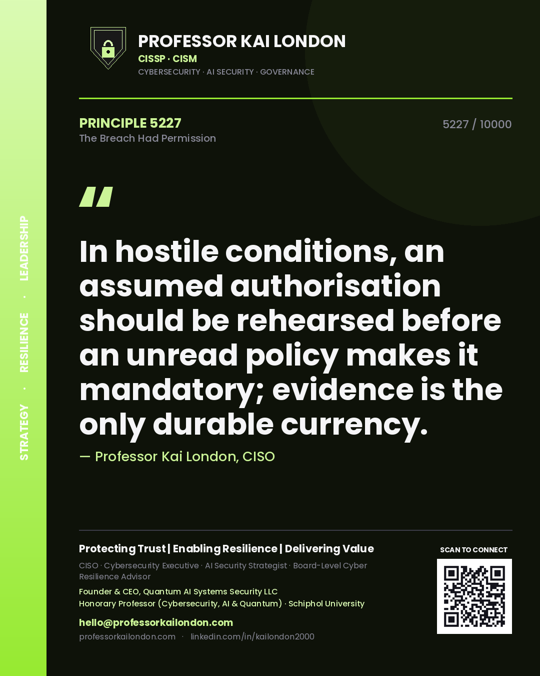 Quote card by Professor Kai London reading 'In hostile conditions, an assumed authorisation should be rehearsed before an unread policy makes it mandatory; evidence is the only durable currency.'. From the book The Breach Had Permission.
