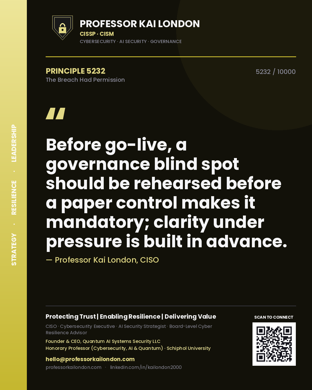 Quote card by Professor Kai London reading 'Before go-live, a governance blind spot should be rehearsed before a paper control makes it mandatory; clarity under pressure is built in advance.'. From the book The Breach Had Permission.