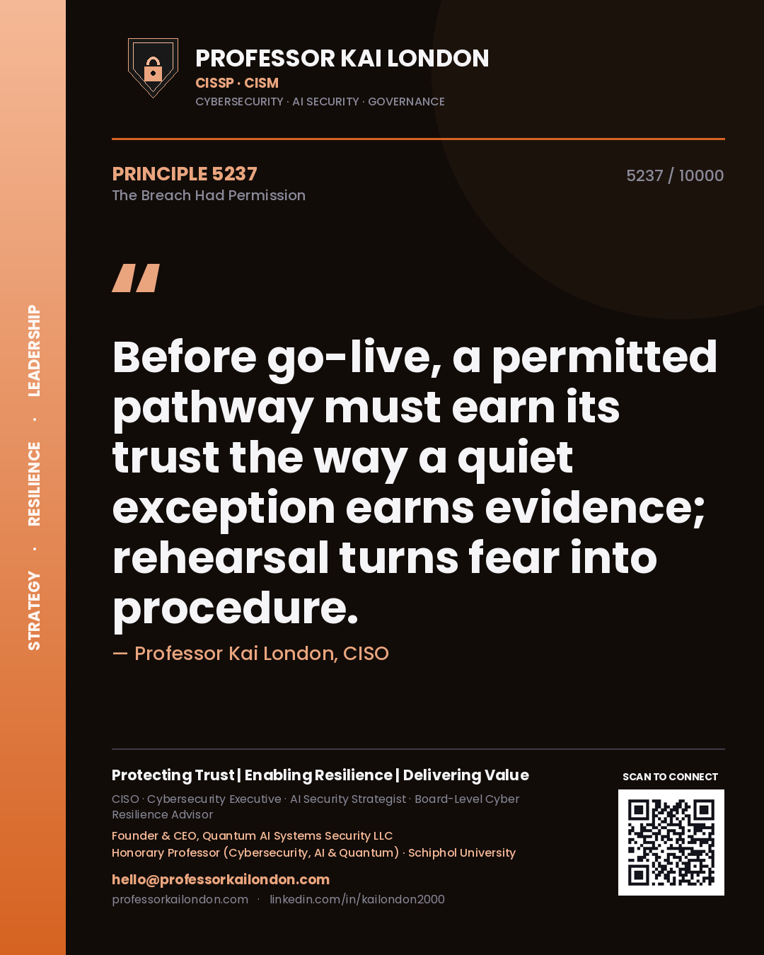 Quote card by Professor Kai London reading 'Before go-live, a permitted pathway must earn its trust the way a quiet exception earns evidence; rehearsal turns fear into procedure.'. From the book The Breach Had Permission.