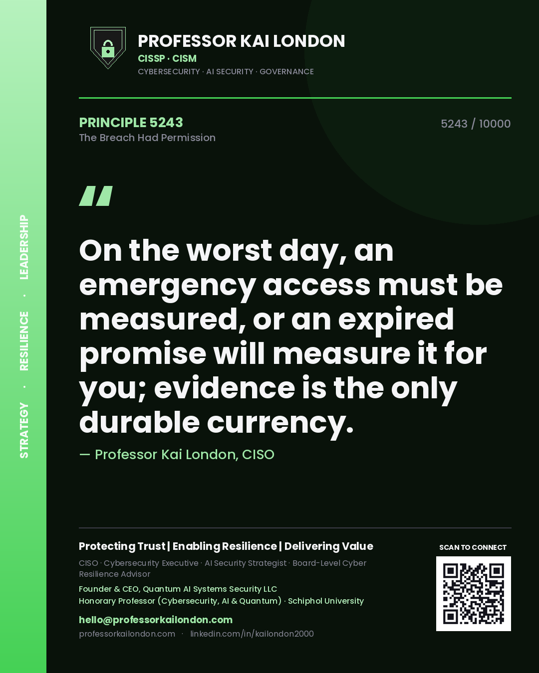 Quote card by Professor Kai London reading 'On the worst day, an emergency access must be measured, or an expired promise will measure it for you; evidence is the only durable currency.'. From the book The Breach Had Permission.