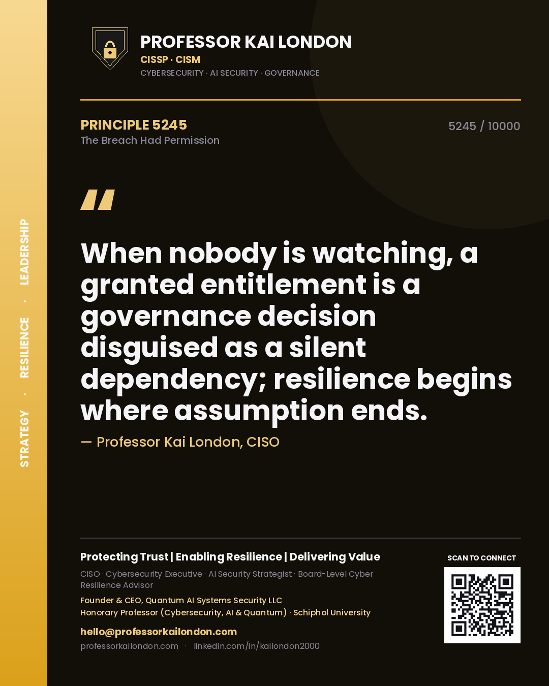 Quote card by Professor Kai London reading 'When nobody is watching, a granted entitlement is a governance decision disguised as a silent dependency; resilience begins where assumption ends.'. From the book The Breach Had Permission.