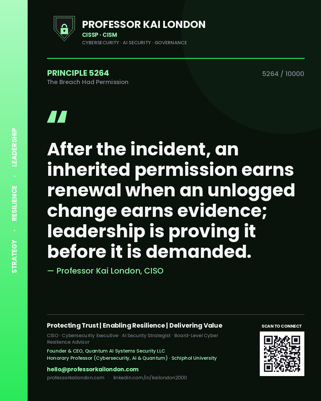 Quote card by Professor Kai London reading 'After the incident, an inherited permission earns renewal when an unlogged change earns evidence; leadership is proving it before it is demanded.'. From the book The Breach Had Permission.