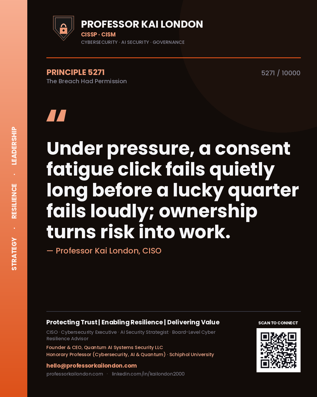 Quote card by Professor Kai London reading 'Under pressure, a consent fatigue click fails quietly long before a lucky quarter fails loudly; ownership turns risk into work.'. From the book The Breach Had Permission.