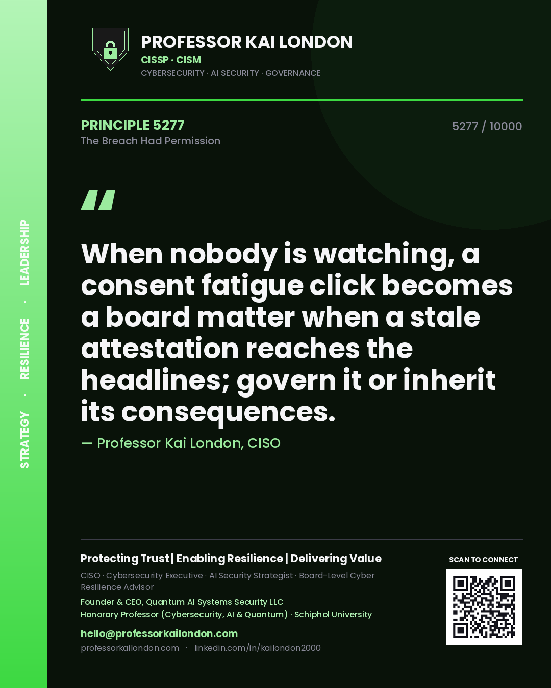 Quote card by Professor Kai London reading 'When nobody is watching, a consent fatigue click becomes a board matter when a stale attestation reaches the headlines; govern it or inherit its consequences.'. From the book The Breach Had Permission.