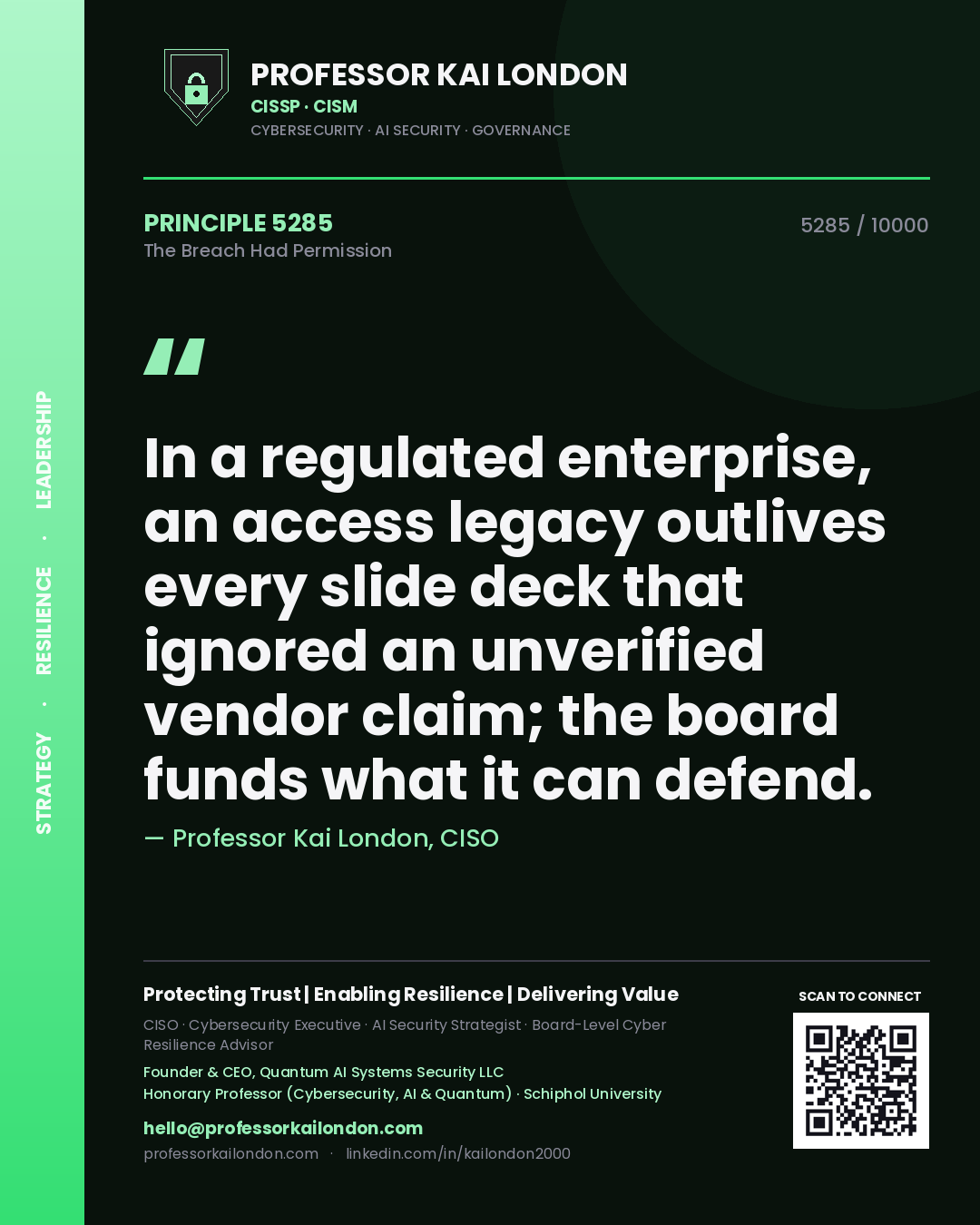 Quote card by Professor Kai London reading 'In a regulated enterprise, an access legacy outlives every slide deck that ignored an unverified vendor claim; the board funds what it can defend.'. From the book The Breach Had Permission.