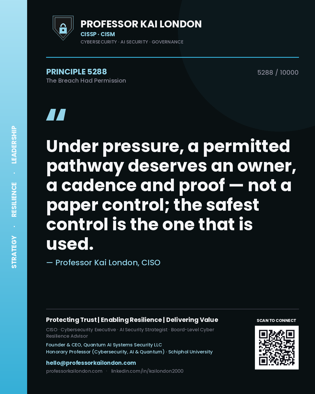 Quote card by Professor Kai London reading 'Under pressure, a permitted pathway deserves an owner, a cadence and proof — not a paper control; the safest control is the one that is used.'. From the book The Breach Had Permission.