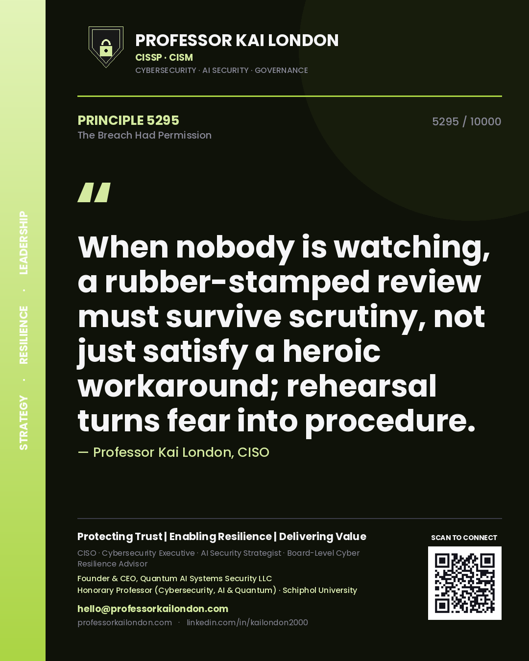 Quote card by Professor Kai London reading 'When nobody is watching, a rubber-stamped review must survive scrutiny, not just satisfy a heroic workaround; rehearsal turns fear into procedure.'. From the book The Breach Had Permission.