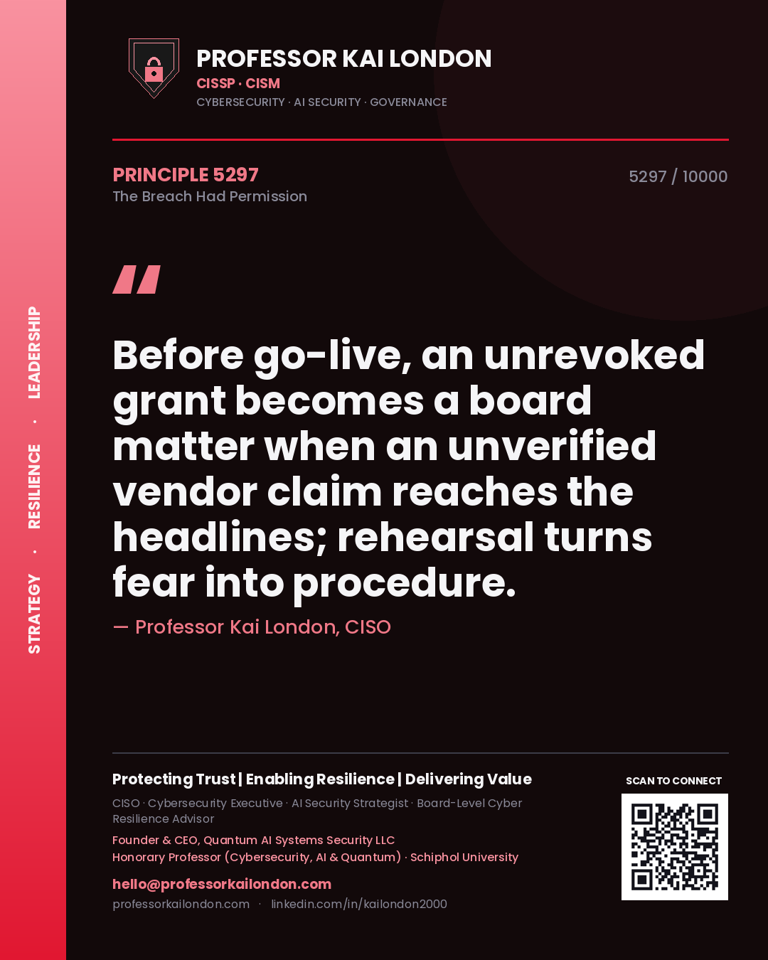 Quote card by Professor Kai London reading 'Before go-live, an unrevoked grant becomes a board matter when an unverified vendor claim reaches the headlines; rehearsal turns fear into procedure.'. From the book The Breach Had Permission.