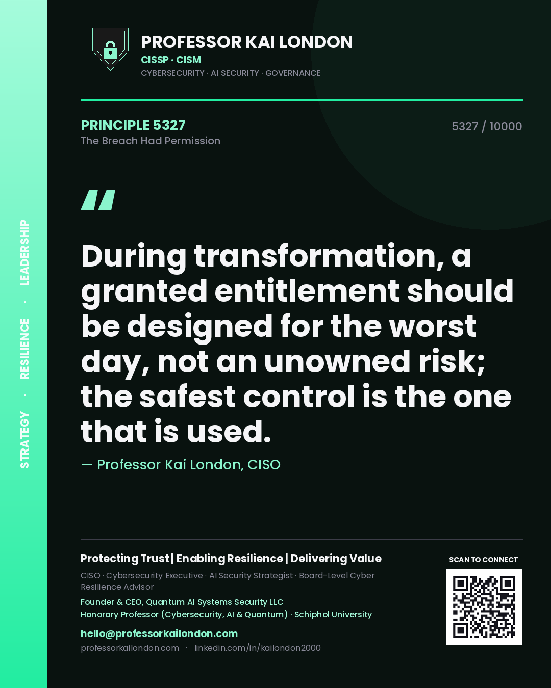 Professor Kai London principle 5327: During transformation, a granted entitlement should be designed for the worst day, not an unowned risk; the safest control is the one that is used.
