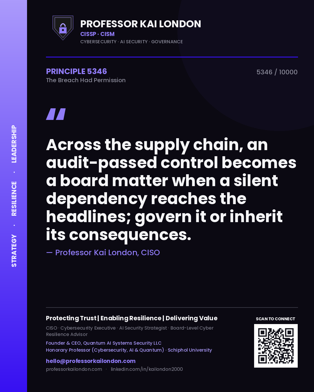 Professor Kai London principle 5346: Across the supply chain, an audit-passed control becomes a board matter when a silent dependency reaches the headlines; govern it or inherit its consequences.