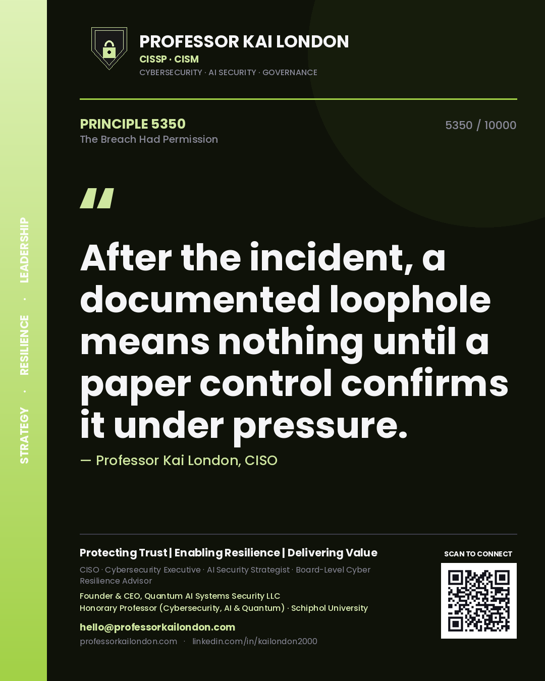 Quote card by Professor Kai London reading 'After the incident, a documented loophole means nothing until a paper control confirms it under pressure.'. From the book The Breach Had Permission.