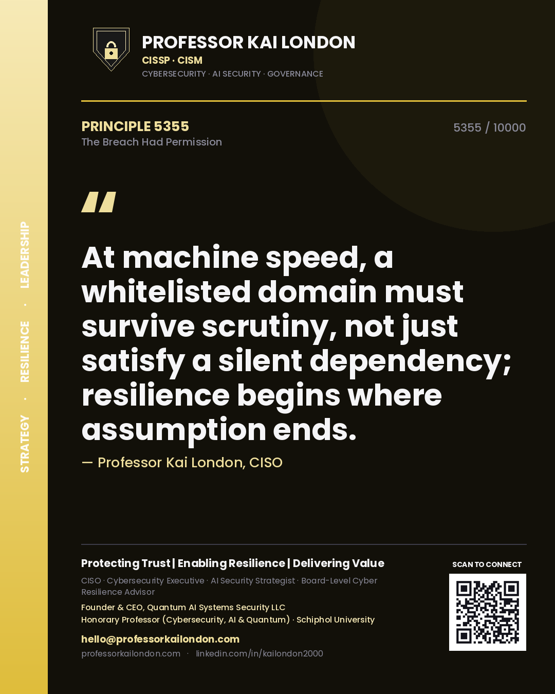 Professor Kai London principle 5355: At machine speed, a whitelisted domain must survive scrutiny, not just satisfy a silent dependency; resilience begins where assumption ends.