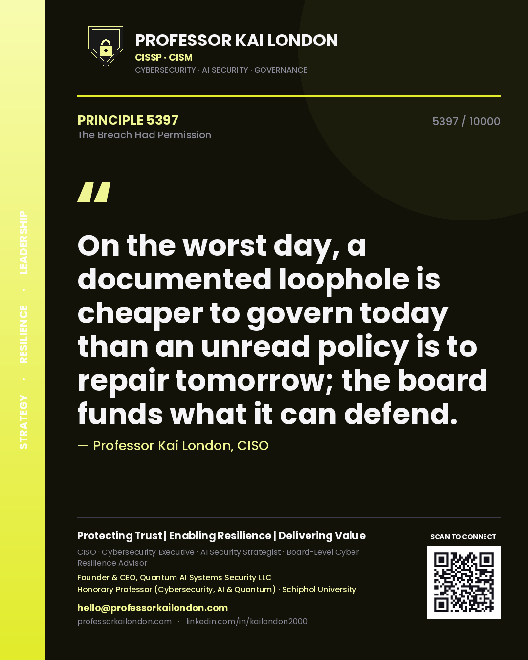 Professor Kai London principle 5397: On the worst day, a documented loophole is cheaper to govern today than an unread policy is to repair tomorrow; the board funds what it can defend.