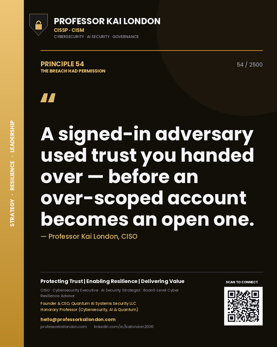 Quote card by Professor Kai London reading 'A signed-in adversary used trust you handed over — before an over-scoped account becomes an open one.'. From the book The Breach Had Permission.
