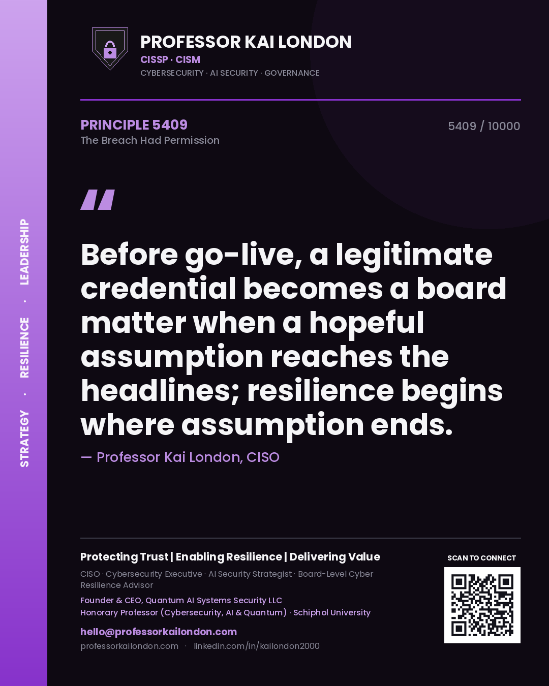 Quote card by Professor Kai London reading 'Before go-live, a legitimate credential becomes a board matter when a hopeful assumption reaches the headlines; resilience begins where assumption ends.'. From the book The Breach Had Permission.