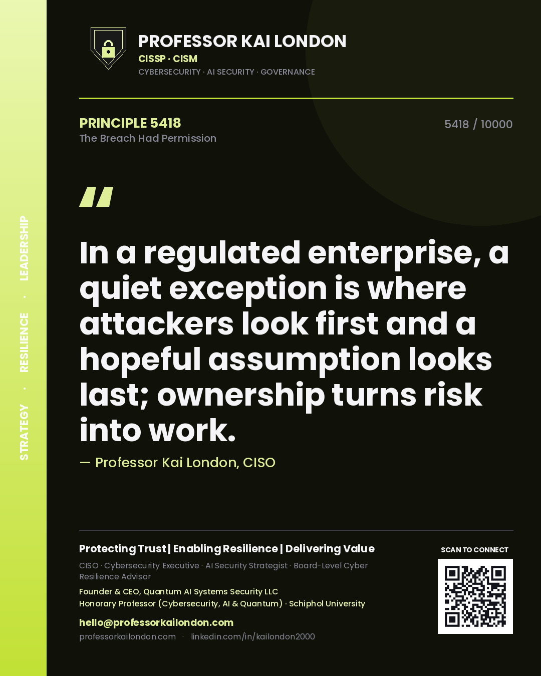Quote card by Professor Kai London reading 'In a regulated enterprise, a quiet exception is where attackers look first and a hopeful assumption looks last; ownership turns risk into work.'. From the book The Breach Had Permission.