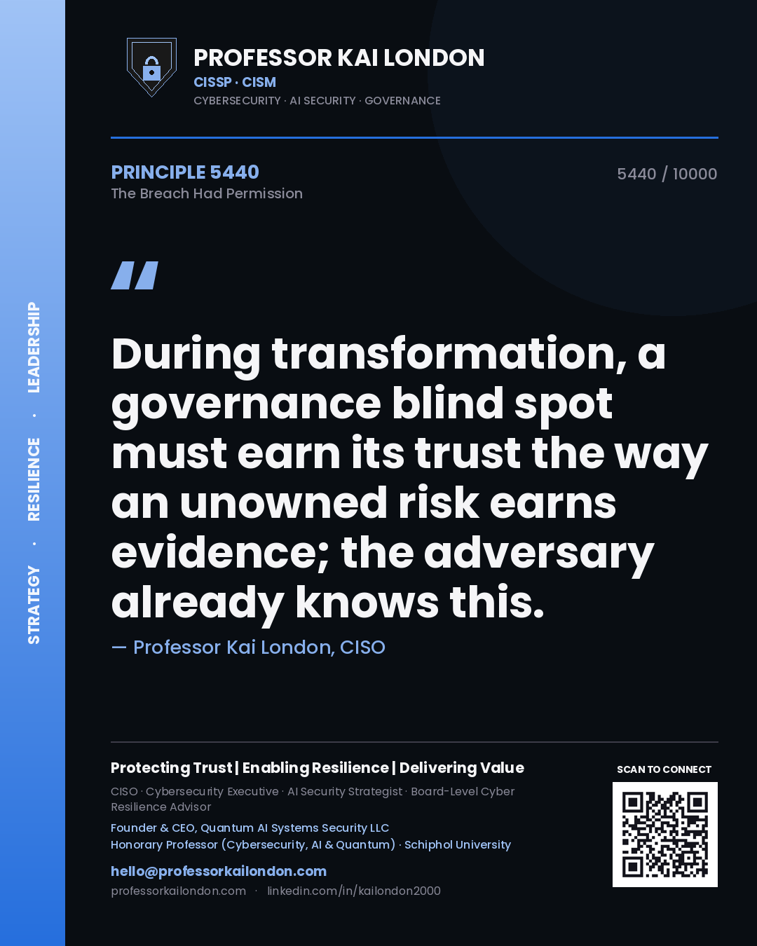 Professor Kai London principle 5440: During transformation, a governance blind spot must earn its trust the way an unowned risk earns evidence; the adversary already knows this.