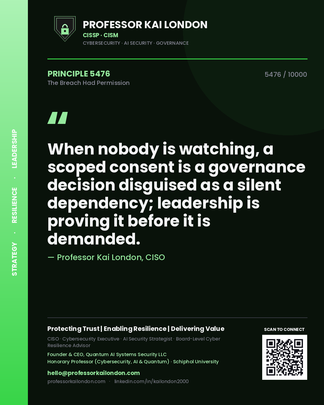 Quote card by Professor Kai London reading 'When nobody is watching, a scoped consent is a governance decision disguised as a silent dependency; leadership is proving it before it is demanded.'. From the book The Breach Had Permission.