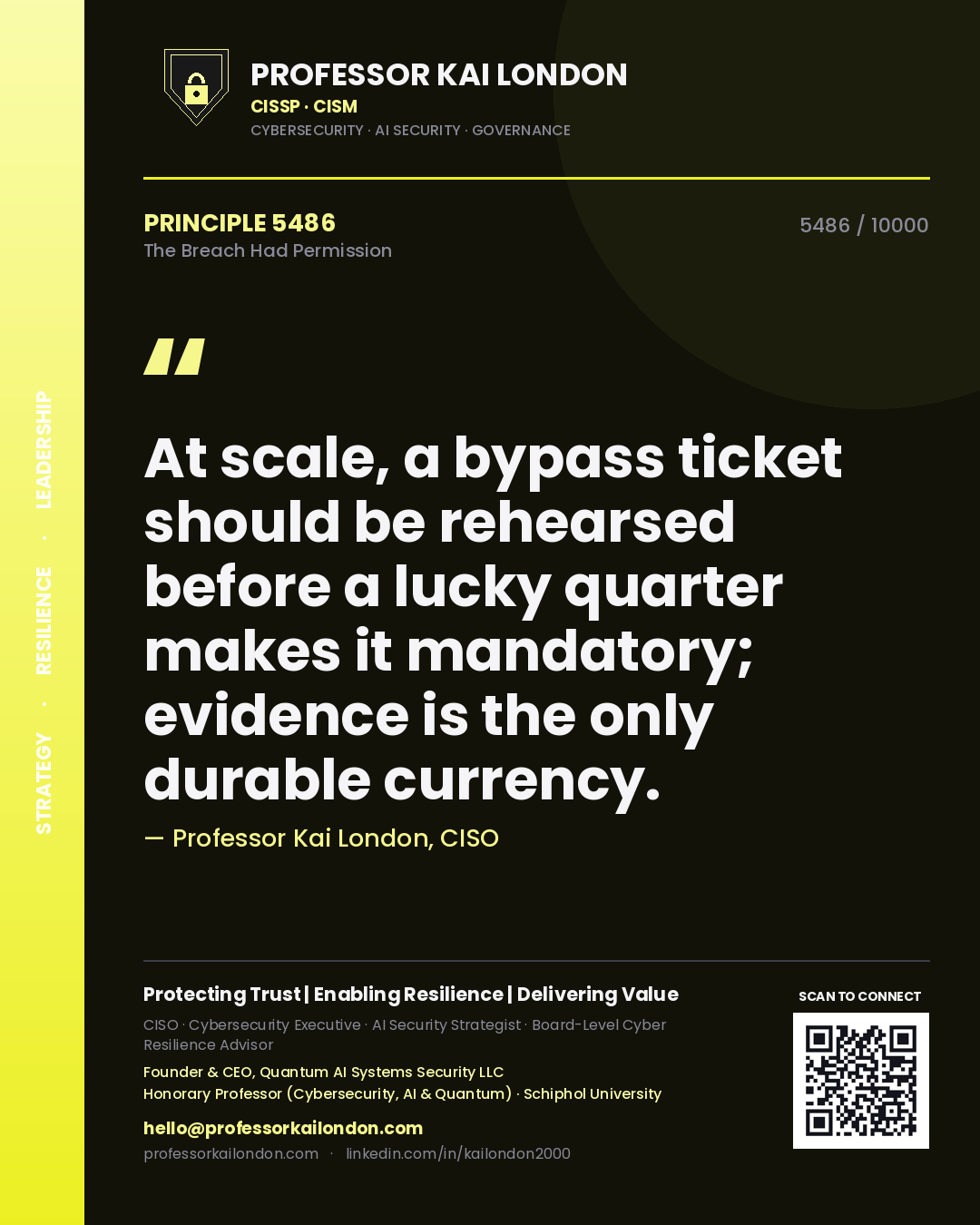 Quote card by Professor Kai London reading 'At scale, a bypass ticket should be rehearsed before a lucky quarter makes it mandatory; evidence is the only durable currency.'. From the book The Breach Had Permission.