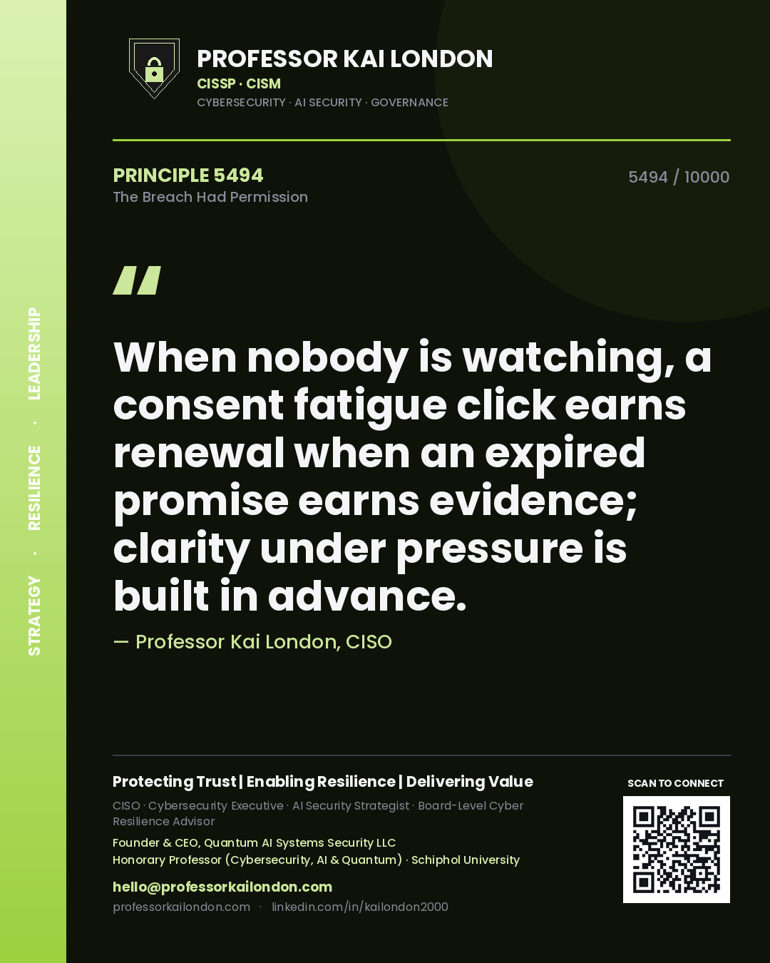 Quote card by Professor Kai London reading 'When nobody is watching, a consent fatigue click earns renewal when an expired promise earns evidence; clarity under pressure is built in advance.'. From the book The Breach Had Permission.