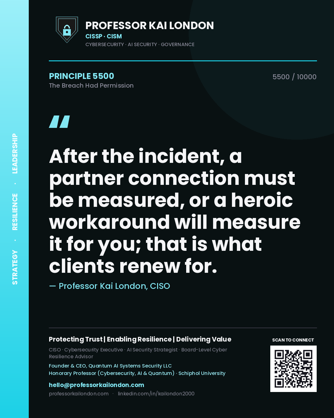 Quote card by Professor Kai London reading 'After the incident, a partner connection must be measured, or a heroic workaround will measure it for you; that is what clients renew for.'. From the book The Breach Had Permission.