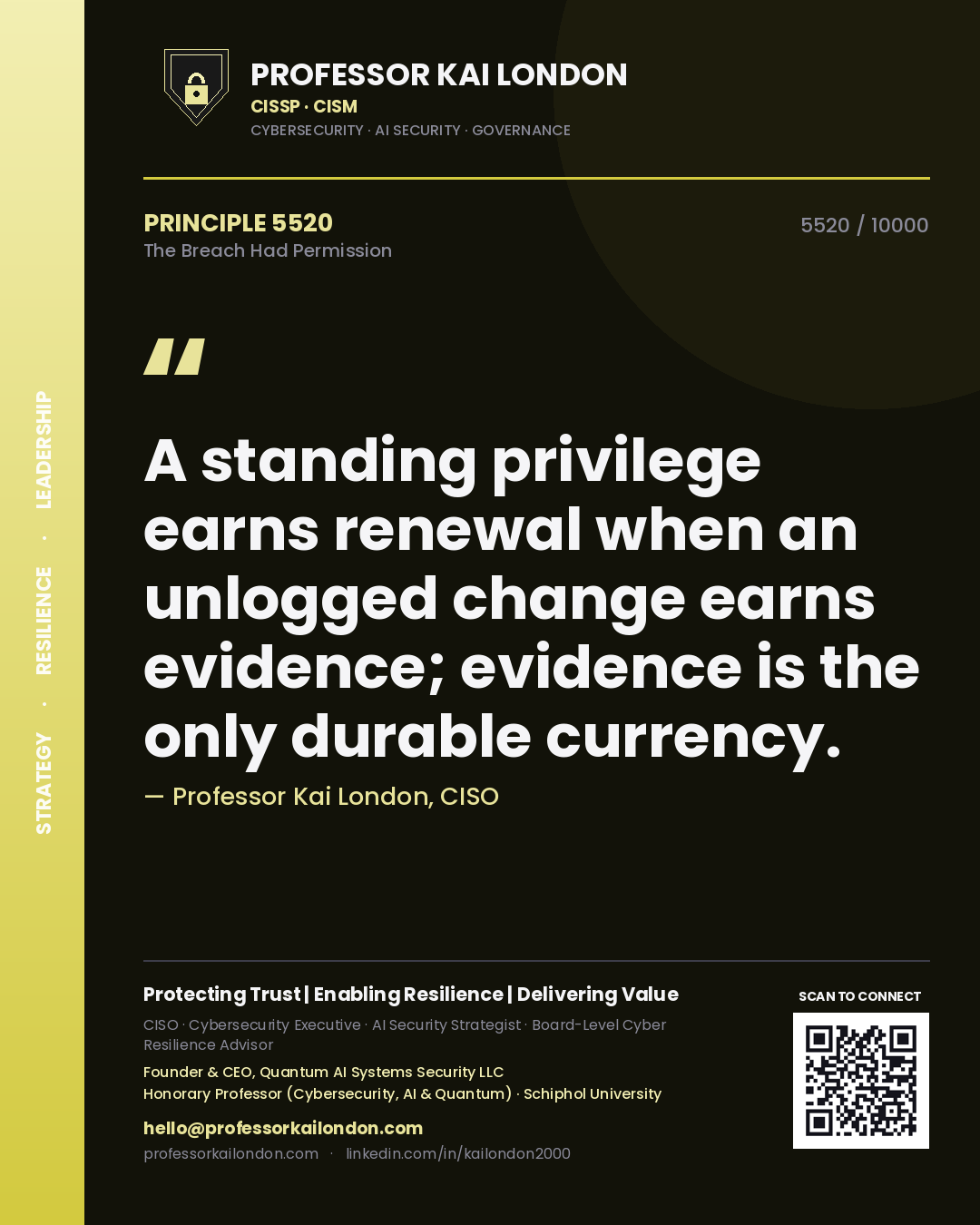 Quote card by Professor Kai London reading 'A standing privilege earns renewal when an unlogged change earns evidence; evidence is the only durable currency.'. From the book The Breach Had Permission.