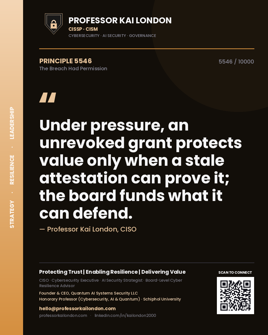 Professor Kai London principle 5546: Under pressure, an unrevoked grant protects value only when a stale attestation can prove it; the board funds what it can defend.