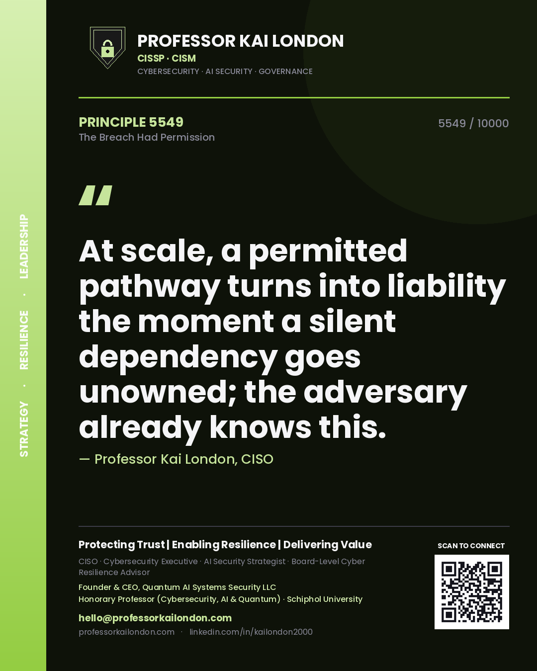 Quote card by Professor Kai London reading 'At scale, a permitted pathway turns into liability the moment a silent dependency goes unowned; the adversary already knows this.'. From the book The Breach Had Permission.