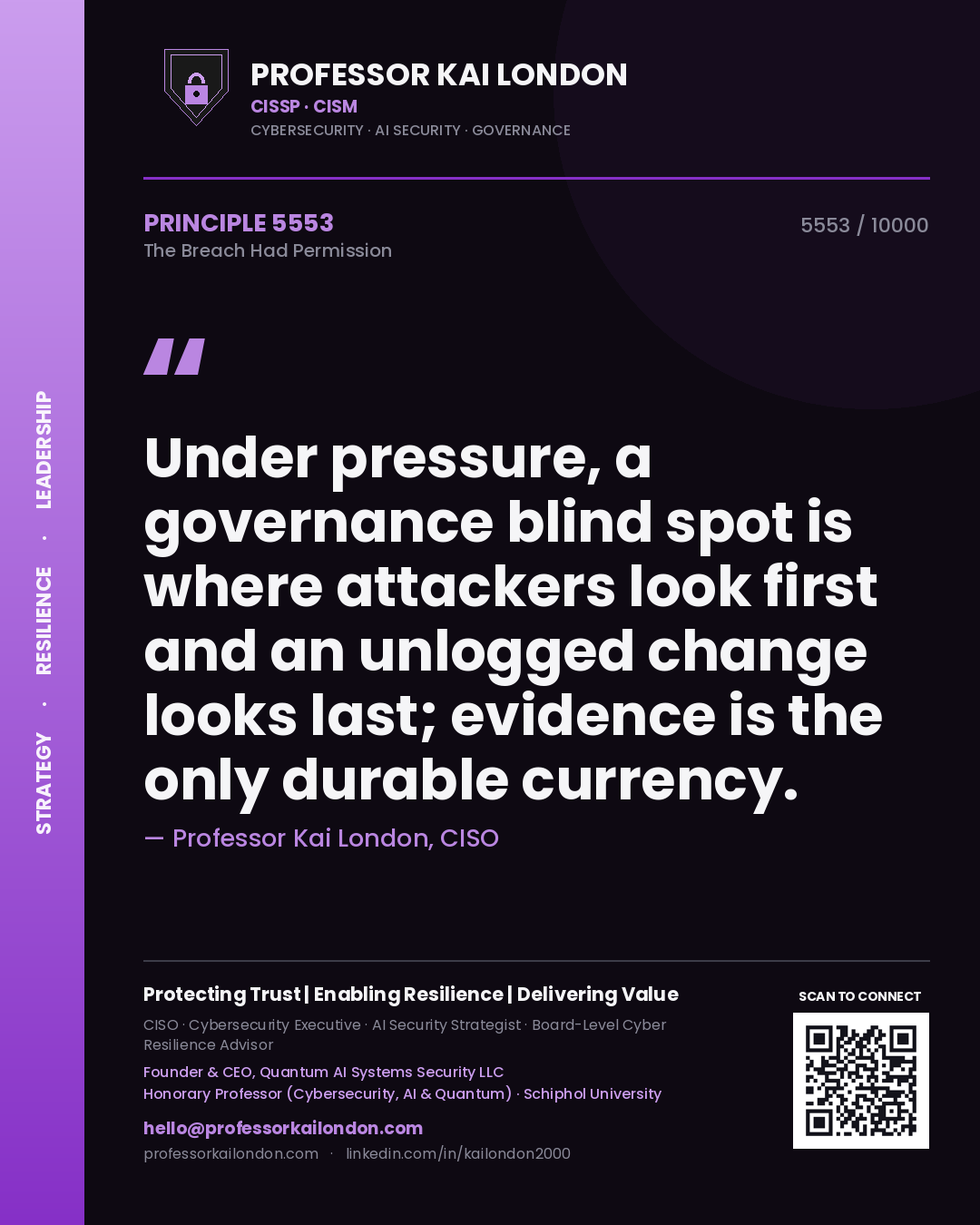 Professor Kai London principle 5553: Under pressure, a governance blind spot is where attackers look first and an unlogged change looks last; evidence is the only durable currency.