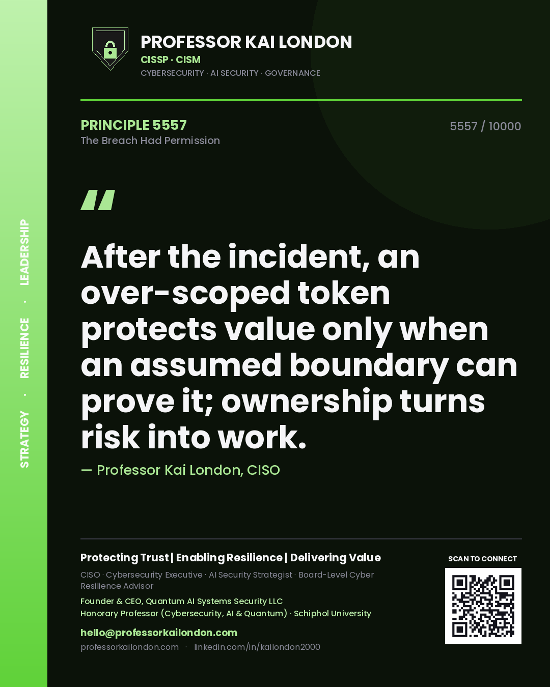 Professor Kai London principle 5557: After the incident, an over-scoped token protects value only when an assumed boundary can prove it; ownership turns risk into work.