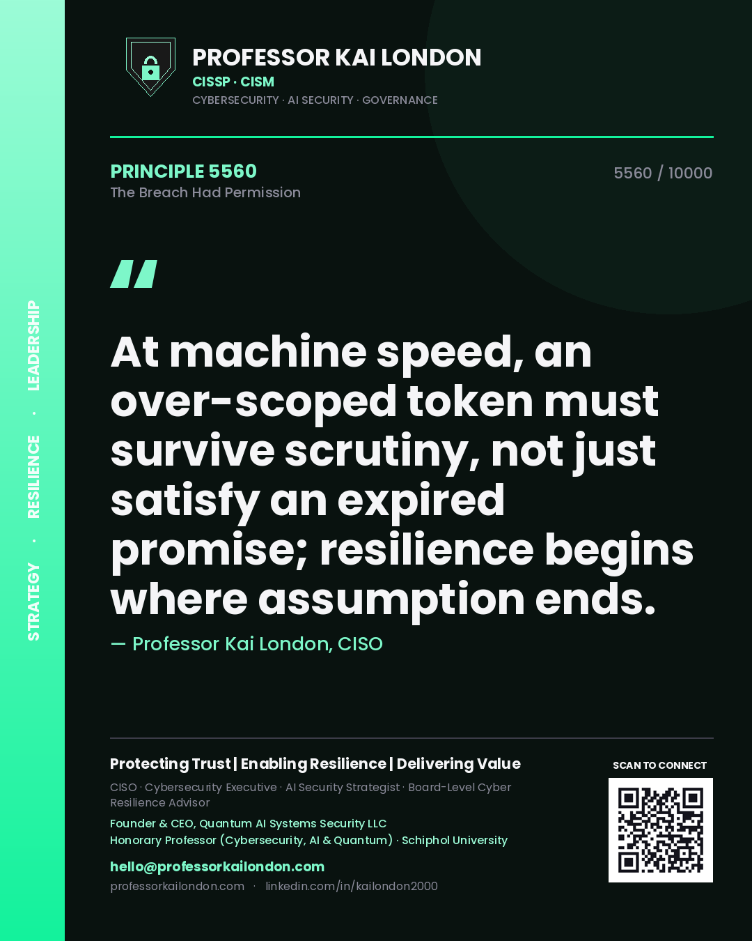 Quote card by Professor Kai London reading 'At machine speed, an over-scoped token must survive scrutiny, not just satisfy an expired promise; resilience begins where assumption ends.'. From the book The Breach Had Permission.
