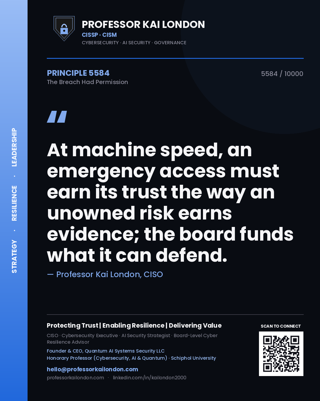 Quote card by Professor Kai London reading 'At machine speed, an emergency access must earn its trust the way an unowned risk earns evidence; the board funds what it can defend.'. From the book The Breach Had Permission.