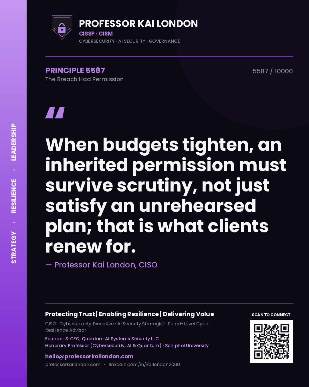 Professor Kai London principle 5587: When budgets tighten, an inherited permission must survive scrutiny, not just satisfy an unrehearsed plan; that is what clients renew for.