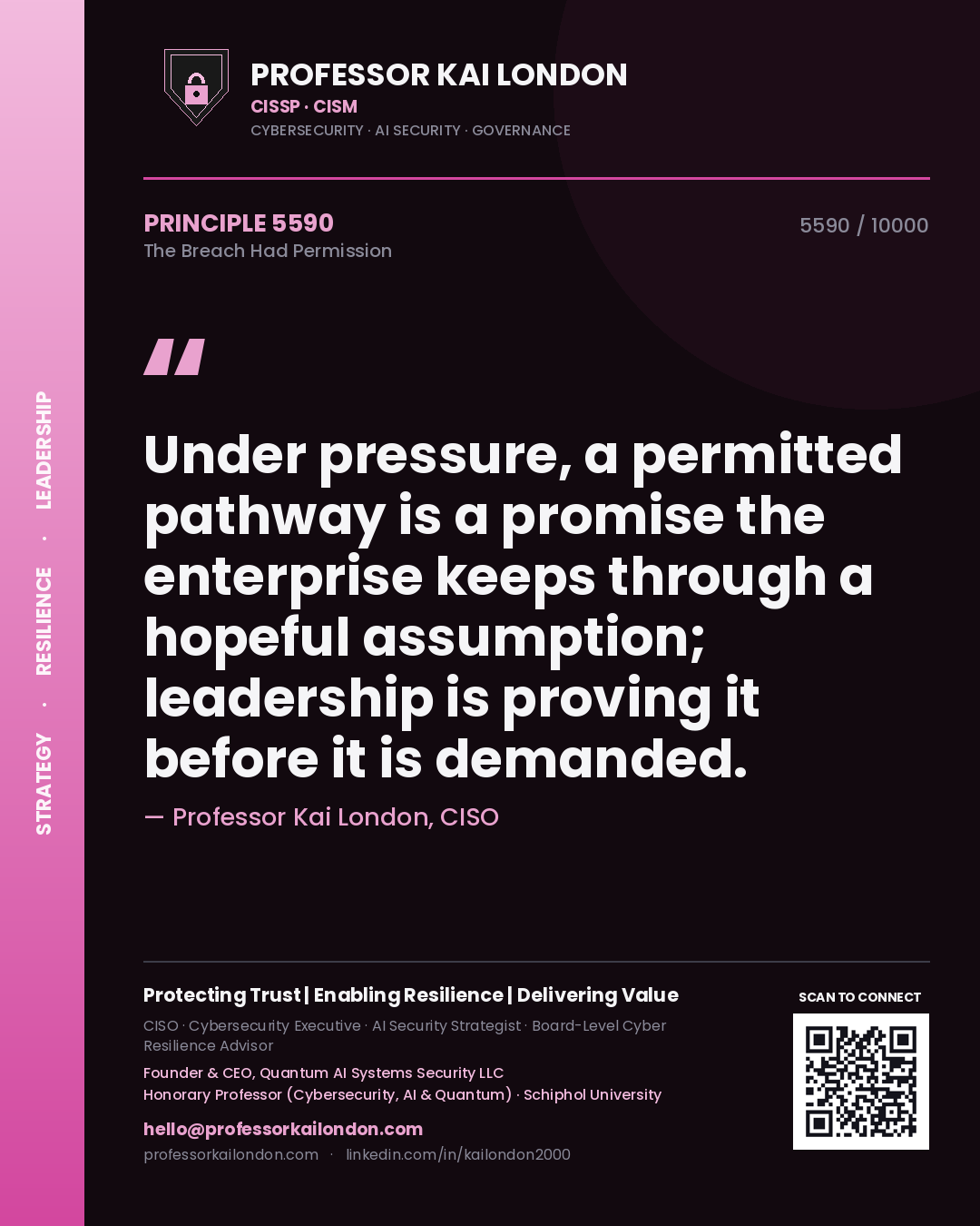 Quote card by Professor Kai London reading 'Under pressure, a permitted pathway is a promise the enterprise keeps through a hopeful assumption; leadership is proving it before it is demanded.'. From the book The Breach Had Permission.