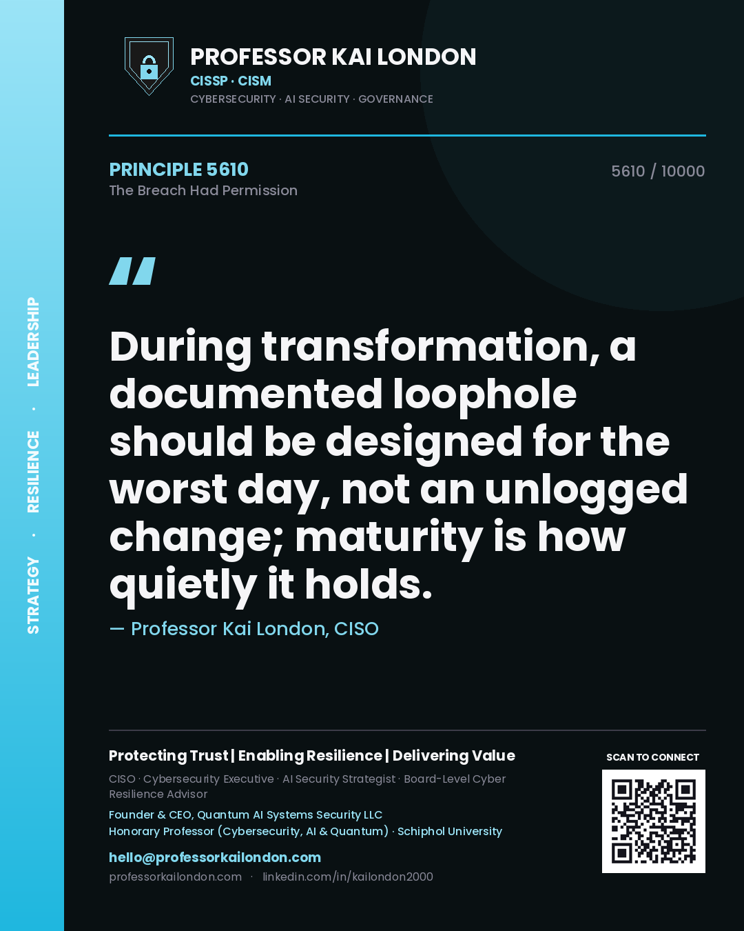 Professor Kai London principle 5610: During transformation, a documented loophole should be designed for the worst day, not an unlogged change; maturity is how quietly it holds.