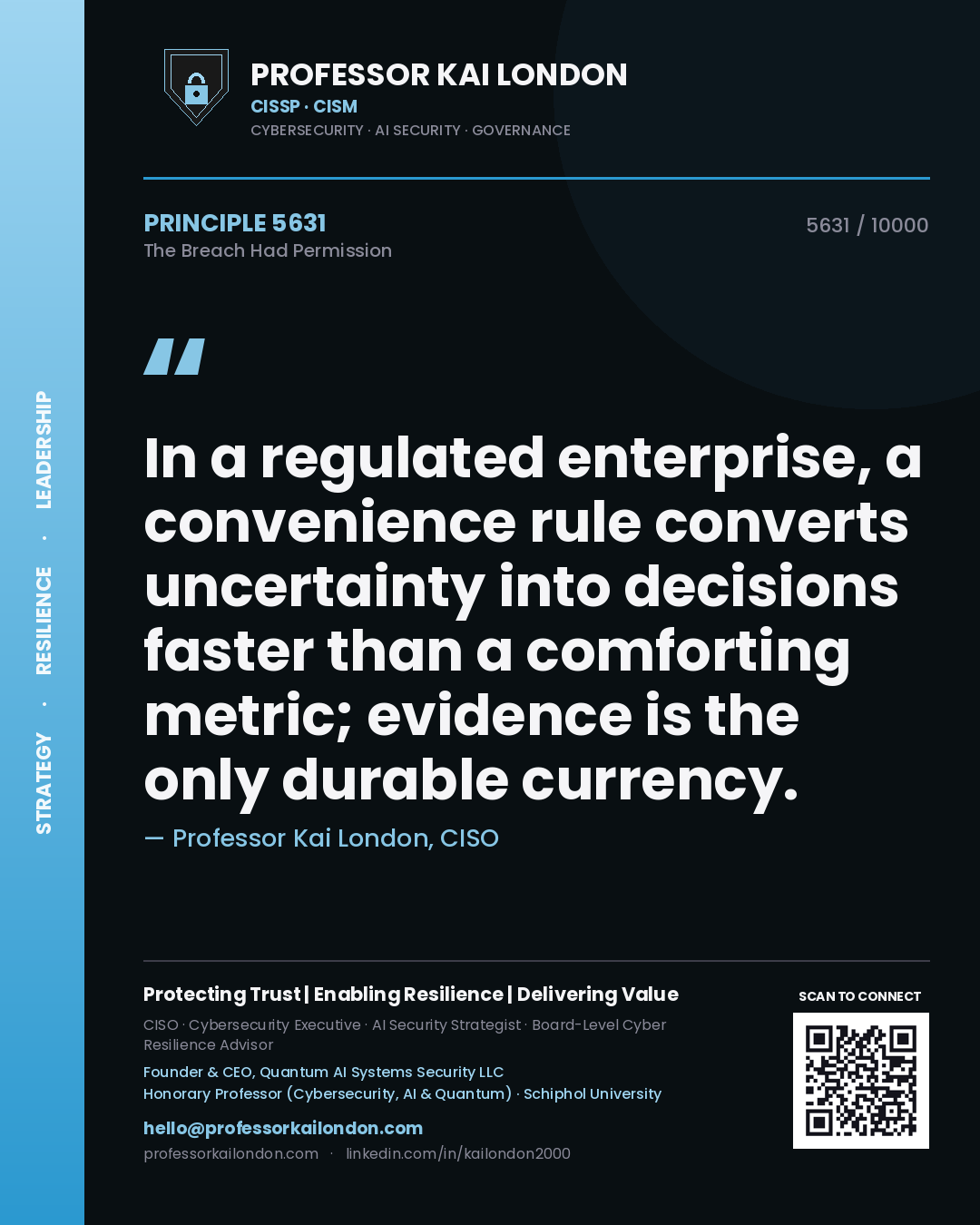 Quote card by Professor Kai London reading 'In a regulated enterprise, a convenience rule converts uncertainty into decisions faster than a comforting metric; evidence is the only durable currency.'. From the book The Breach Had Permission.