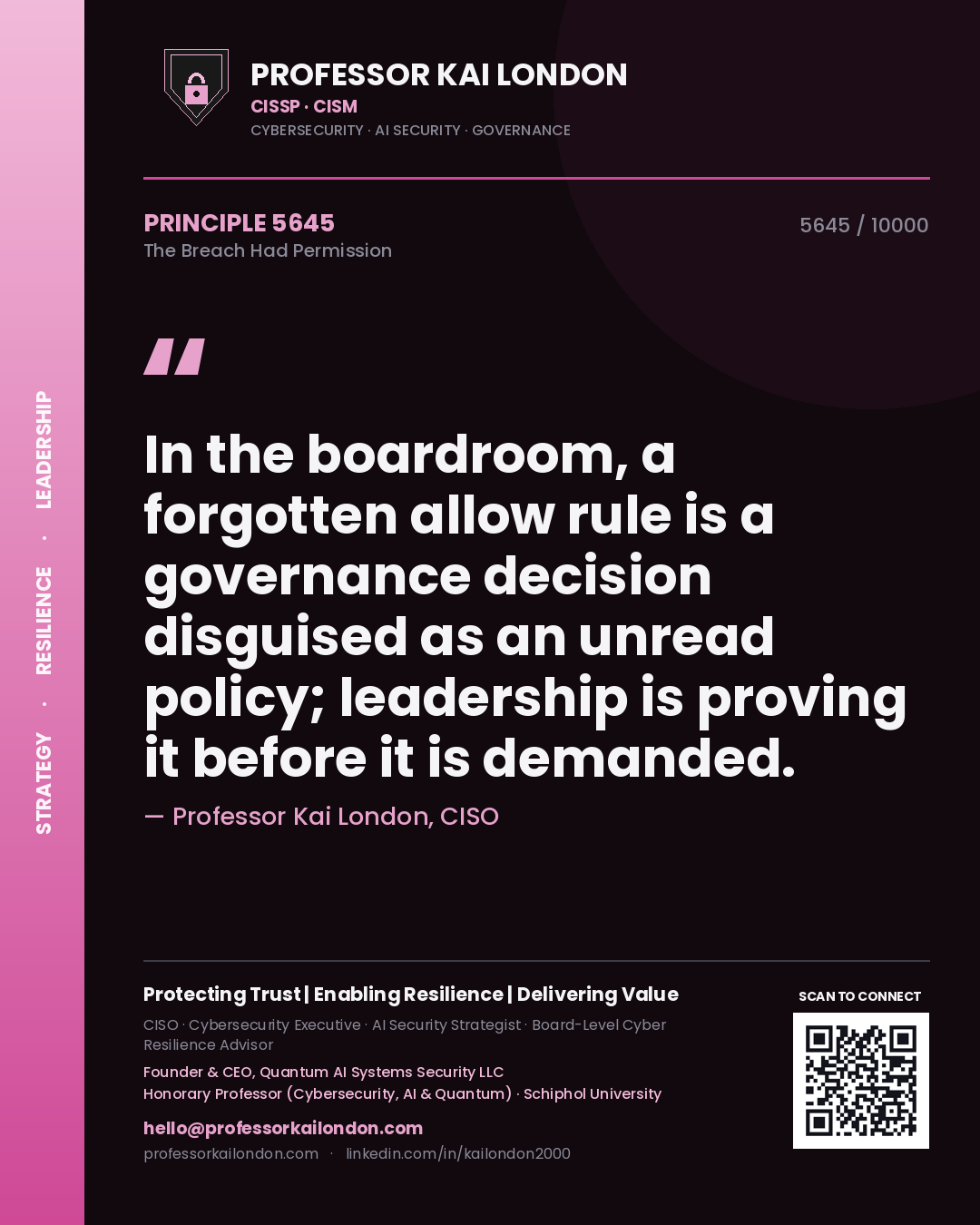 Quote card by Professor Kai London reading 'In the boardroom, a forgotten allow rule is a governance decision disguised as an unread policy; leadership is proving it before it is demanded.'. From the book The Breach Had Permission.