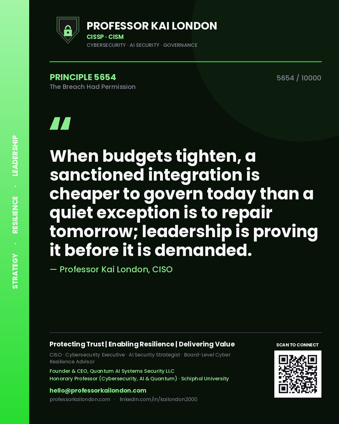 Quote card by Professor Kai London reading 'When budgets tighten, a sanctioned integration is cheaper to govern today than a quiet exception is to repair tomorrow; leadership is proving it before it is demanded.'. From the book The Breach Had Permission.